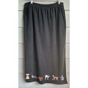 Bechamel Midi Skirt Womens Size L Black Embroidered Novelty Print Cats Dogs